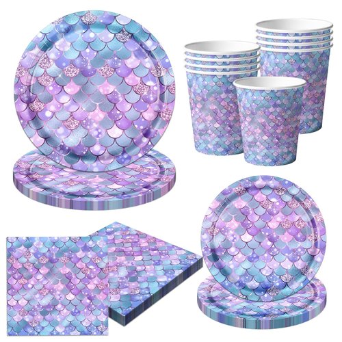 Mermaid Party Tableware Supplies,80Pcs Gray Purple Little Mermaid Birthday Decorations Set Mermaid Party Plates and Napkins Disposable Mermaid Dinnerware for Under The Sea Ocean Theme Party Serve 20