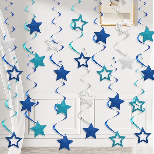 64pcs Birthday Party Decorations - Ceiling Foil Swirl Decorations Hanging Party Streamers Star For Man Boys Children Happy Birthday Graduation Wedding Anniversary (Blue)