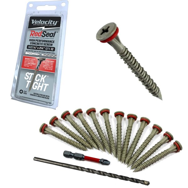 Velocity 2 1/4 Concrete Screws Kit with RedSeal Moisture Barrier (Flat Head, Size 1/4”) – Includes 12 High-Performance Concrete Screw PCS, 1 Drill Bit, and 1 Driver Bit