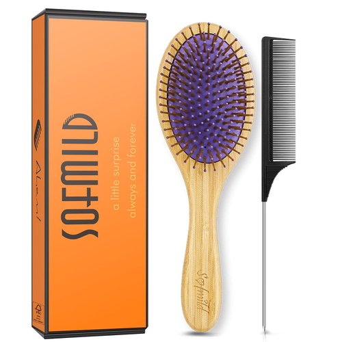 Sofmild Bamboo Wooden Paddle Hair Brush Comb Set, Hairbrushes for Women Men Kid Detangling Hair M...