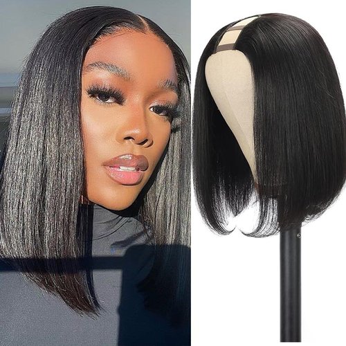 Mylene Short Bob Straight Wigs U Part Human Hair Wig For Black Women 16 inch Brazilian Hair 150% Density Clip in Half Wig Natural Color (16Inch, U-Part Bob)