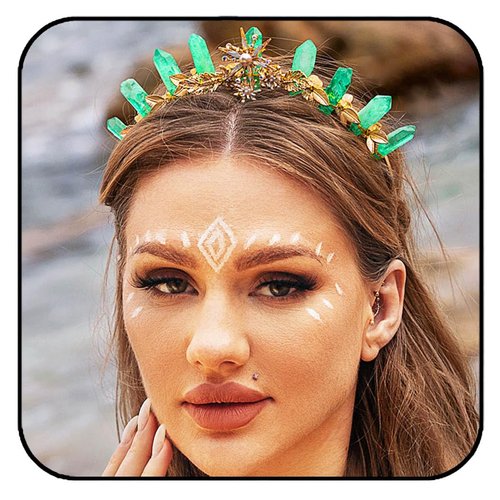 Formery Flower Green Quartz Crown Headband Gold Leaf Raw Crystal Tiara Hairband Woodland Fairy Elf Halloween Rhinestone Floral Natural Stone Hair Accessories for Women and Girls