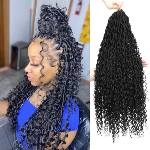 8 Packs River Faux Locs Crochet Hair 22inch New Goddess Locs Crochet Hair Boho Faux Locs Wavy Crochet Curly Hair with Curly Ends Synthetic Hair Extensions (22" 8Packs 1B#)