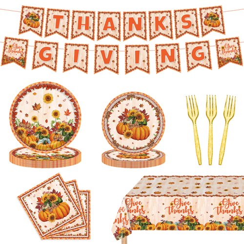Thanksgiving Decorations Thanksgiving Decor Indoor, 98PCS Thanksgiving Plates and Napkins Sets Disposable Thanksgiving Dinnerware Pumpkin Paper Plates and Napkins Sets Decor for Home