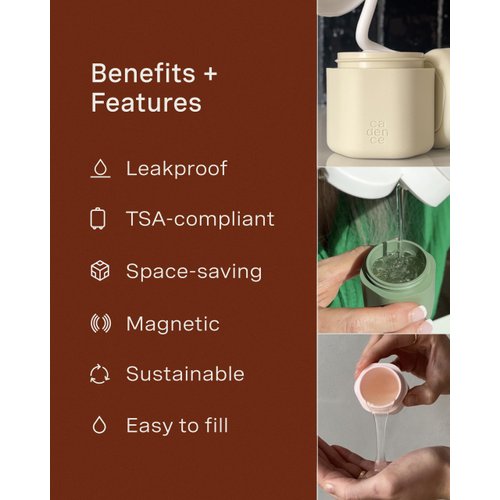 Cadence Travel Containers - Haircare Set - Magnetic Travel Capsules - For Shampoo, Conditioner, Hair Styling Product - 3 Flex Mediums (1.32oz) with Shampoo, Conditioner & Comb Icon Labels - Eucalyptus