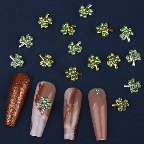 ROFIBUT St.Patrick's Day Shamrock Nail Charms 3D Alloy Gold Silver Shamrock Nail Gems with Crystal Rhinestones Green Clover Nail Diamonds Lucky Shamrock Nail Art Supplies for Nail Decoration 16Pcs