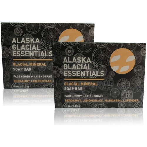 Alaska Glacial Essentials 2-pack Glacial Mineral Soap Bar BERGAMOT-LEMONGRASS-MANDARIN-LAVENDER Exfoliates Dead Skin Cells, Detoxifies Pores, Softens Skin 4oz