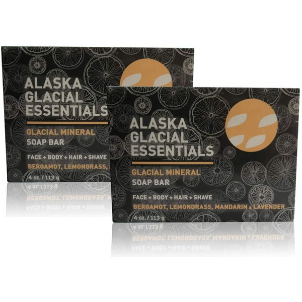 Alaska Glacial Essentials 2-pack Glacial Mineral Soap Bar BERGAMOT-LEMONGRASS-MANDARIN-LAVENDER Exfoliates Dead Skin Cells, Detoxifies Pores, Softens Skin 4oz