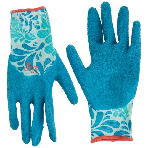 DIGZ 77383 Long Cuff Stretch Knit Gardening Gloves, Work Gloves with Full Finger Latex Coating, Blue Leaves Pattern, Medium