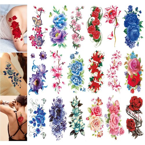 YAKAGO 21 Sheets Flower Temporary Tattoos For Women Rose Cherry Peony Peach Blossoms Fake Tattoo Body Art Adult Waterproof Stickers
