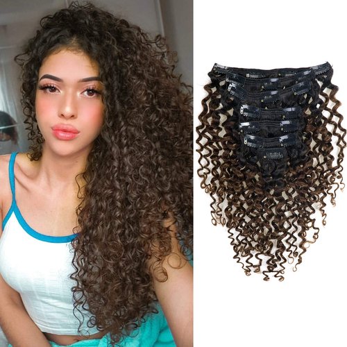 Caliee 22Inch Clip in Hair Extension Jerry Curly Double Weft Human Hair 3B 3C Curly Ombre Color N...