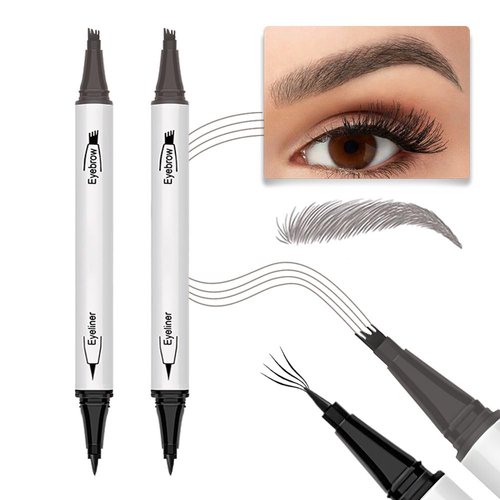 2Pcs Microblading Eyebrow Pen,Magical Precise Waterproof Brow Pen 2-in-1 Dual-Ended Eye Brow Pencil,Eyebrow Contouring Pen with 4-Fork-Tip&Precise Brush-Tip Creates Natural Brows Makeup,Gray Brown