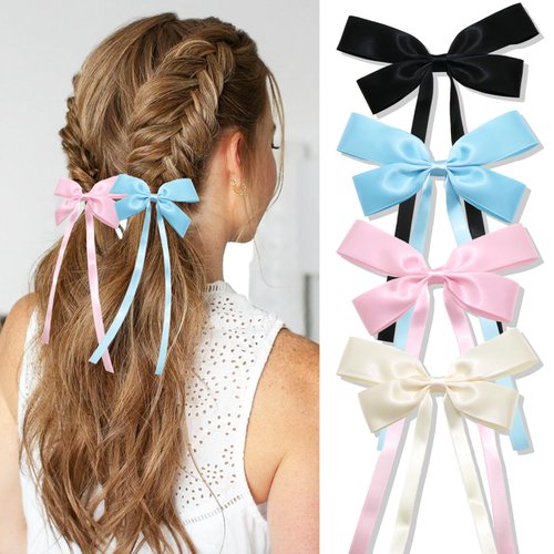 SAWINDA 4PCS Hair Bow Clips for Women Satin Material, Elastic Hair Bows with Long Tail, Butterfly...