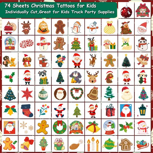 CHARLENT Christmas Temporary Tattoos for Kids - 74 Individually Sheets Santa Claus Snowman Tattoos for Kids Christmas Xmas Party Favors, Stocking Stuffer, Christmas Eve Gift