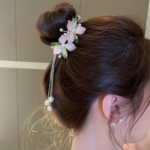 Wiwpar Flower Tassel Hair Bun Clip Flower Ponytail Buckle Hairpin Crystal Long Tassel Ponytail Holder Claw Pearl Long Tassel Hair Claw Clips Hair Barrettes Accessories for Women Girls (Style1)