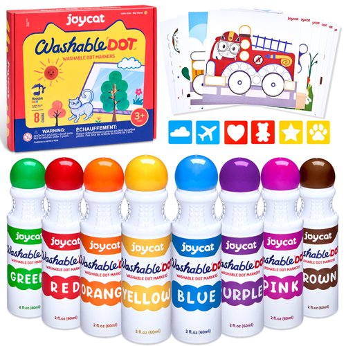 JoyCat Washable Dot Markers for Kids,8 Colors 2.1 fl.oz Non Toxic Dot Paint Markers with 123 PDF &10 Physical Activity Papers,6 Stencils,Bingo Daubers Markers for Toddler 1-3 Arts and Crafts Supplies