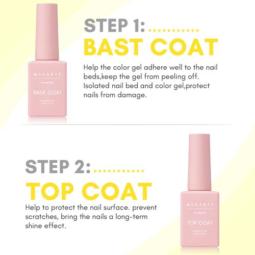 Makartt Gel Top Coat and Base Coat Kit: Clear Gloss Shiny No Wipe Stain Resistant General Top Coat Nail Polish UV and Primer for Acrylic Nails Dip Powder Gel Nail Polish Beauty Gift