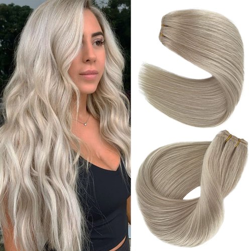 Licoville Blonde Weft Hair Extensions Sew in White Blonde Hand Tied Hair Extensions Real Human Hair for Women 18 Inch Silky Straight Sew in Human Hair Bundles Icy Blonde 100grams