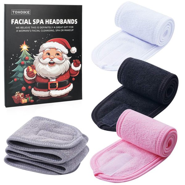 4 PCS Facial Spa Headbands(White, Black, Pink，Gray)， Makeup Shower Bath Wrap Sport Headband Terry Cloth Stretch Towel with Magic Tape
