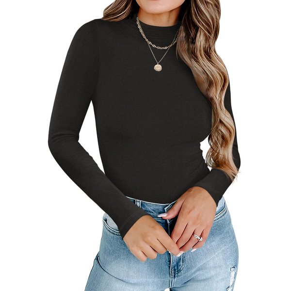 PINKMSTYLE Mock Turtleneck Neck for Women Thermal Underwear Layer Long Sleeve Tops Slimming Fitted Undershirt Black Medium