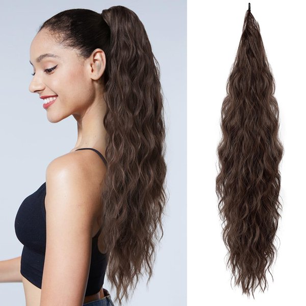 Flufymooz Ponytail Extension, Flexible Wrap Around Ponytail Extension Long Wavy Curly Ponytail Hair Extensions Natural pony tail Synthetic Hairpiece for Women 26 Inch (Dark Chocolate Brown)