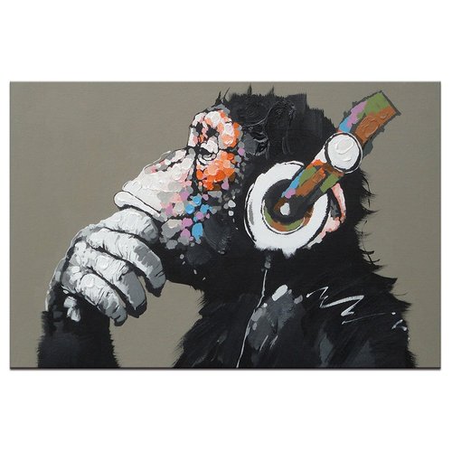 DVQ ART-Framed Animal Music Gorilla Canvas Printed Painting Modern Funny Thinking Monkey with Headphone Wall Art for Home Decor Ready to Hang 1 PCS (16x24inch(40x60cm))