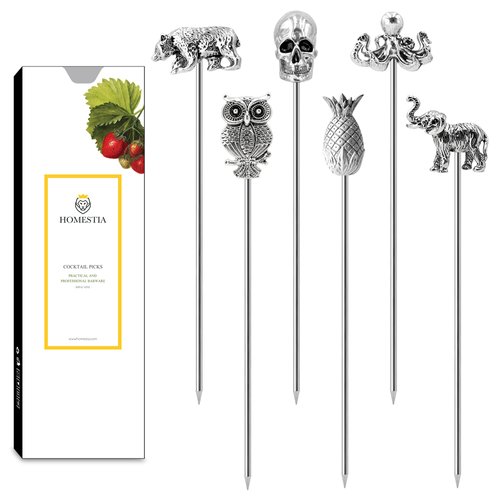 Homestia Cocktail Picks for Drinks, 4.7" Cocktail Toothpicks Metal Cocktail Garnish Skewer, 6Pcs Fancy Olive Martini Picks, Vintage Cocktail Pins Cocktail Accessories for Drinks