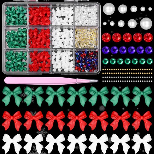 3D Bows Nail Charms, Christmas Bows Bowknots Nail Art Charms Acrylic, Bow Tie White Red Green Nail Charms Flatback Pearl AB Glass Nail Gems Charms for Nail Art Decor Accessories DIY