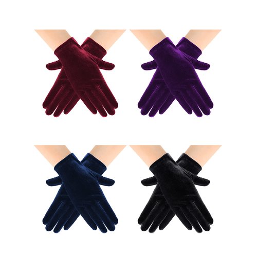 4 Pairs Short Opera Velvet Gloves Tea Party Gloves Women Wrist Banquet Gloves for Wedding Party Dancing Costume (Black, Purple, Blue, Wine Red)
