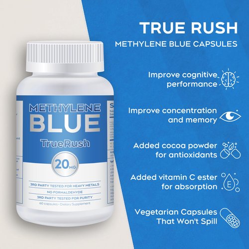 Methylene Blue USP-Grade Capsules, 20mg High-Purity, Vitamin C Ester + Organic Cacao, 60 Vegan Capsules – Cognitive Support & Cellular Health, Formaldehyde-Free, Stain-Free Formula