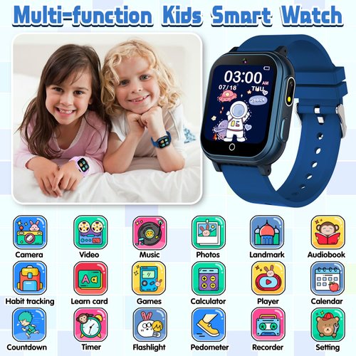 Kids Smart Watch Gift for Boys Ages 3-12, IP67 Waterproof, 32 Puzzle Games, HD Touchscreen Dual Camera Vedio Pedometer Music Player, Kids Watch Toy Birthday Gifts for Boys Ages 5 6 7 8 9 10 (Blue)