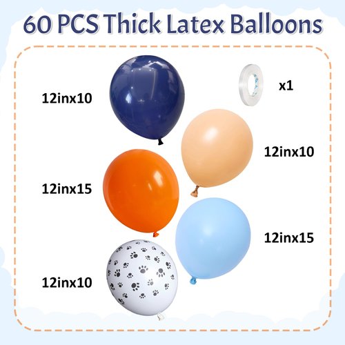HILAVO Dog Paw Balloons Orange and Blue 60pcs 12 Inch Paw Print Puppy Balloons Navy Blue Pastel Orange Beige Latex Helium Balloon for Boys Paw Space Theme Baby Shower Blue Birthday Party Decorations