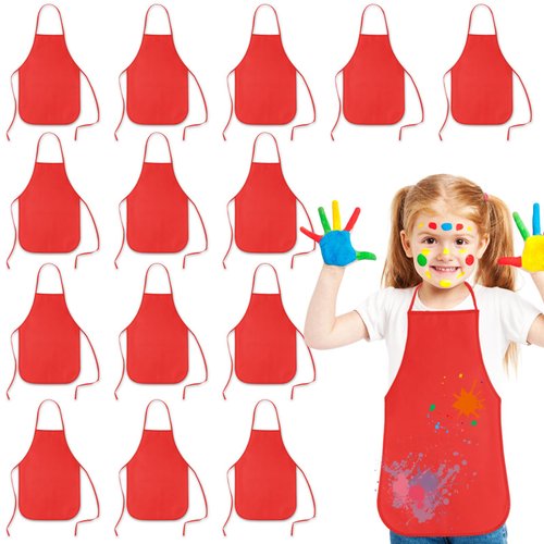 KUUQA 16Pack Kids Art Aprons Bulk Red Children Painting Aprons Art Smocks for Craft Kitchen Classroom Painting Party Supplies