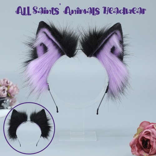 Kidukso Halloween Animal Ears Headdress Headwear Cat Dog Wolf Fox Ears Headband Furry Animal Ears Hairband Halloween Cosplay Costume Accessories Handmade Adult Fur Ears Anime Dress Up Props Purple