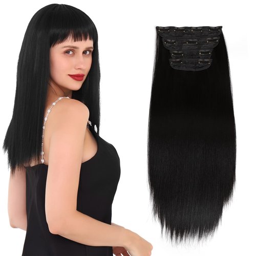 Meolor 4PCS Clip in Hair Extensions Straight for Women Natural Black 24Inch Long Hair Extensions Clip ins Synthetic Hair Pieces Hair with Clips, Gifts for Women