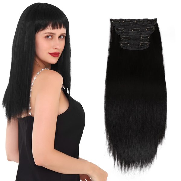 Meolor 4PCS Clip in Hair Extensions Straight for Women Natural Black 24Inch Long Hair Extensions Clip ins Synthetic Hair Pieces Hair with Clips, Gifts for Women