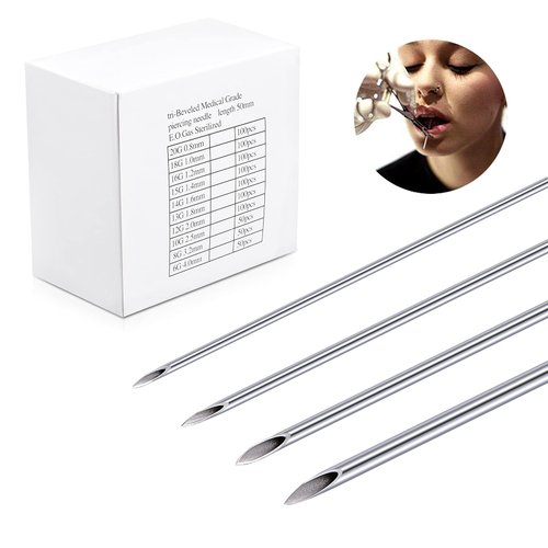 JIESIBAO 50PCS Mixed Body Piercing Needles, 12G 14G 16G 18G 20G Stainless Steel Sterile Disposable Ear Nose Navel Nipple Lip Piercing Needles