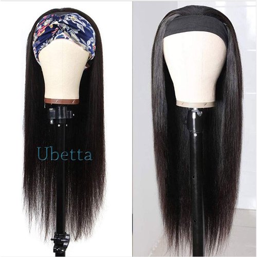Ubetta Headband Wigs Straight Human Hair Glueless None Lace Front Wigs Natural Black for Black Women Brazilian Virgin Remy Hair Machine Made Headbands Half Wigs 150% Density 12Inch