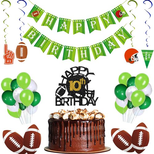 Black & Gold Glitter Football Happy 10th Birthday Cake Topper, Football 10th Birthday Party Decoration, Football Theme Happy 10th Birthday Party Supplies (10th)