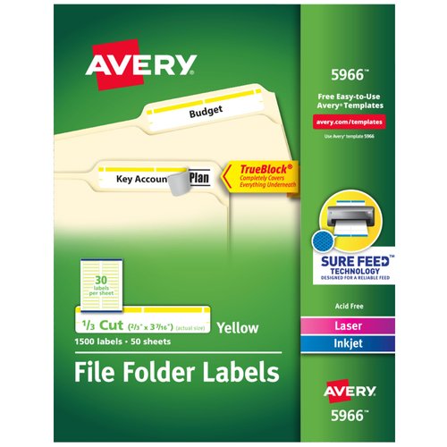 Avery TrueBlock File Folder Labels, 2/3" x 3-7/16", 1,500 Printable Labels, White/Yellow, Permanent (5966)