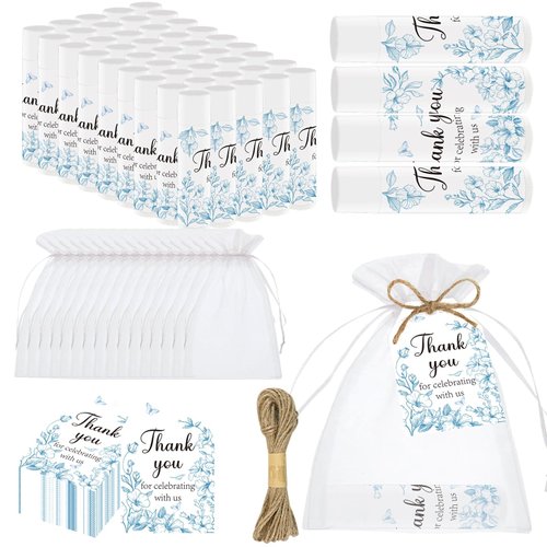 50 PCS Baby Shower Favors Lip Balms for Guests,Baby Shower Games Favors Boys Girls Neutral Gender Reveal Favors with Thank You Card Tags Baby Shower Decorations Blue Flower