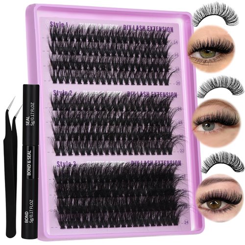 Lash Extension Kit Wispy Lash Clusters Kit 40D+50D+60D Fluffy Lash Clusters Kit 14-24mm Eyelash Extension Kit 3 Styles Eyelash Clusters with Bond and Seal Lash Glue and Tweezers by FOINEMYED