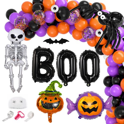 Black Orange Purple Halloween Balloons Garland Arch Kit, 129pcs 5/10/12/18 Inch Halloween Balloons Decorations with Pumpkin Skull Bat Ghost Letter Foil Balloons for Halloween Birthday Party Supplies