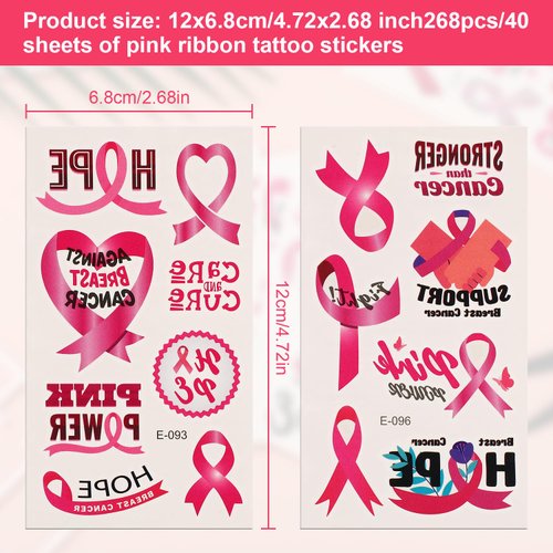 40 Sheets/268pcs Breast Illness Tattoo Stickers, Pink Ribbon Temporary Tattoos Breast Safety Awareness Tattoos Accessories for Girls Women Face Body Hand Decorations