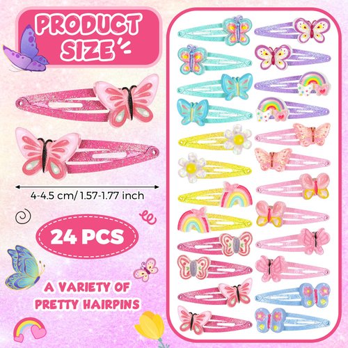 Hanaive 24 Pcs Rainbow Unicorn Clips Metal Clips Butterfly Snap Barrettes Cute Mermaid Hair Pins Sparkly Animal Hair Accessories for Toddlers Little Girls Birthday Party Gifts(Butterfly Pattern)