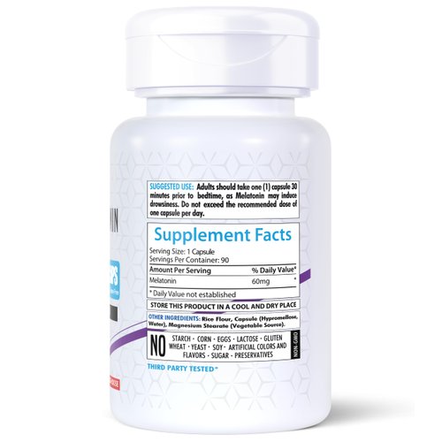 Healthfare Melatonin 60mg | 90 Veg Capsules | Gluten-Free | Non-GMO | Unflavored | Made in USA