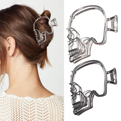 Metal Hair Claw Clips Metal Silver & Black Hair Clips for Women Metal Hair Accessories Skull Design Claw Clips Non-Slip Strong Hold Hair Clips for Styling 2PCS