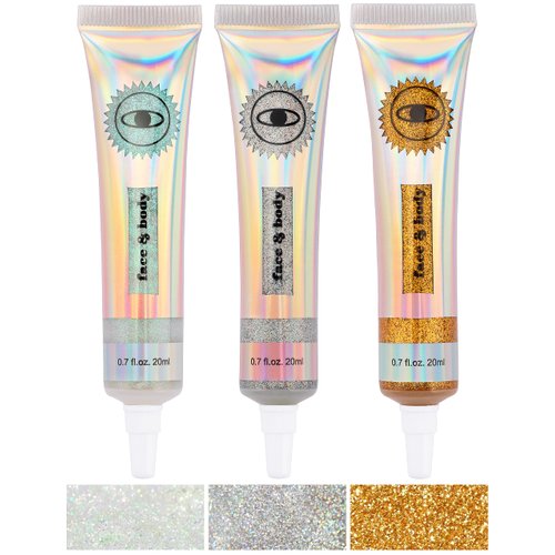 Jutqut Body Face Glitter Gel，Hair Glitter Lip Gel Sequins Shimmer，Liquid Eyes Glitter Makeup，Glitter Makeup for Festivals，Glitter for Mermaid Makeup，Body Glitter for Kids and Women（White Silver Gold）