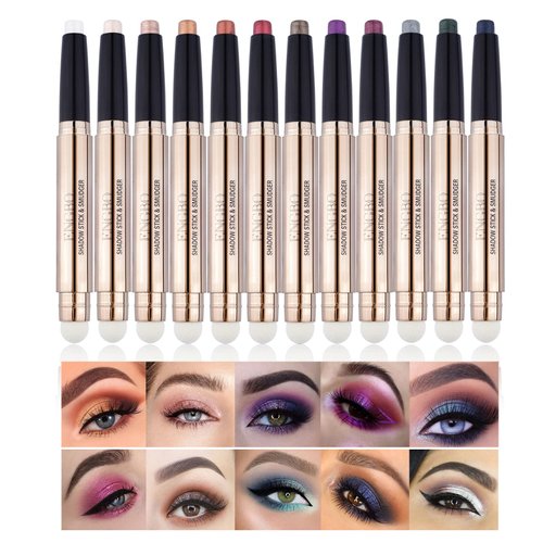 Ofanyia Eyeshadow Sticks, 2 in 1 Cream Shimmer Eye Shadow Pencil Crayon, Waterproof Long Lasting Eye Shadow Highlighter Stick, Double End Eyeshadow Pen with Sponge Brush (08# Smoky Amethyst Shimmer)