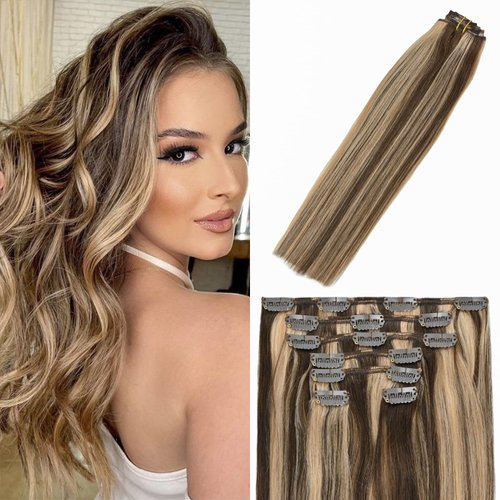 WindTouch Clip in Hair Extensions Balayage Chocolate Brown to Dark Blonde Hair Extensions For Women 15Inch 70g Blonde Human Hair 7PCS #4p27